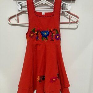 Little Girl's Hand Embroidered Mexican Summer Dress, Orange/Red, Size 6